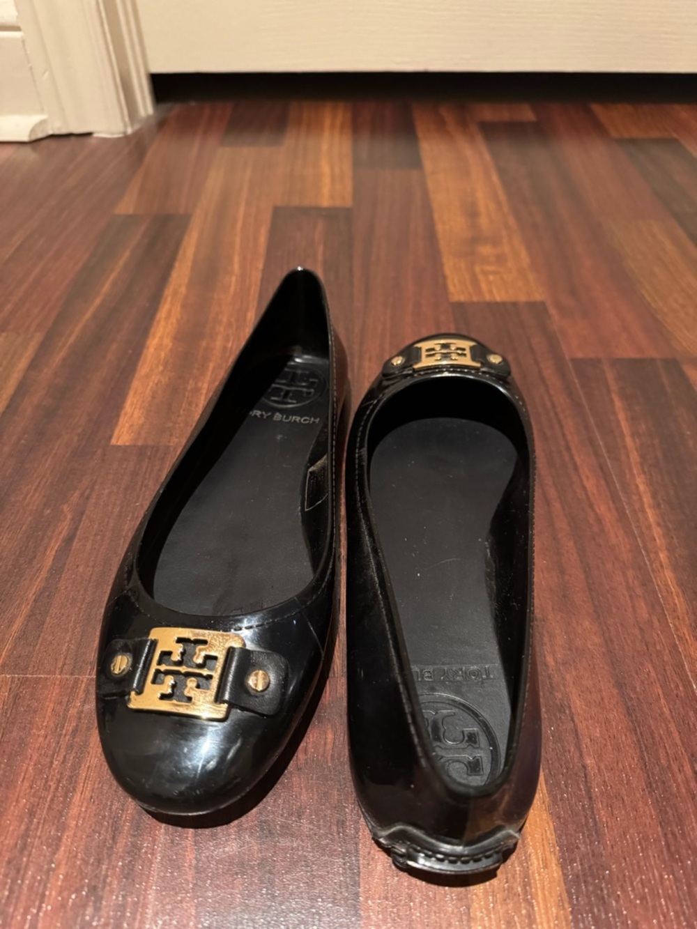 Tory Burch Black Patent Logo Flats with Gold Hardware